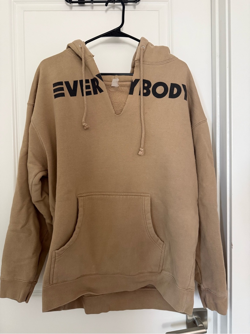 Relaxed Crewneck Hoodie Sweater in Tan with Bold Chest Print